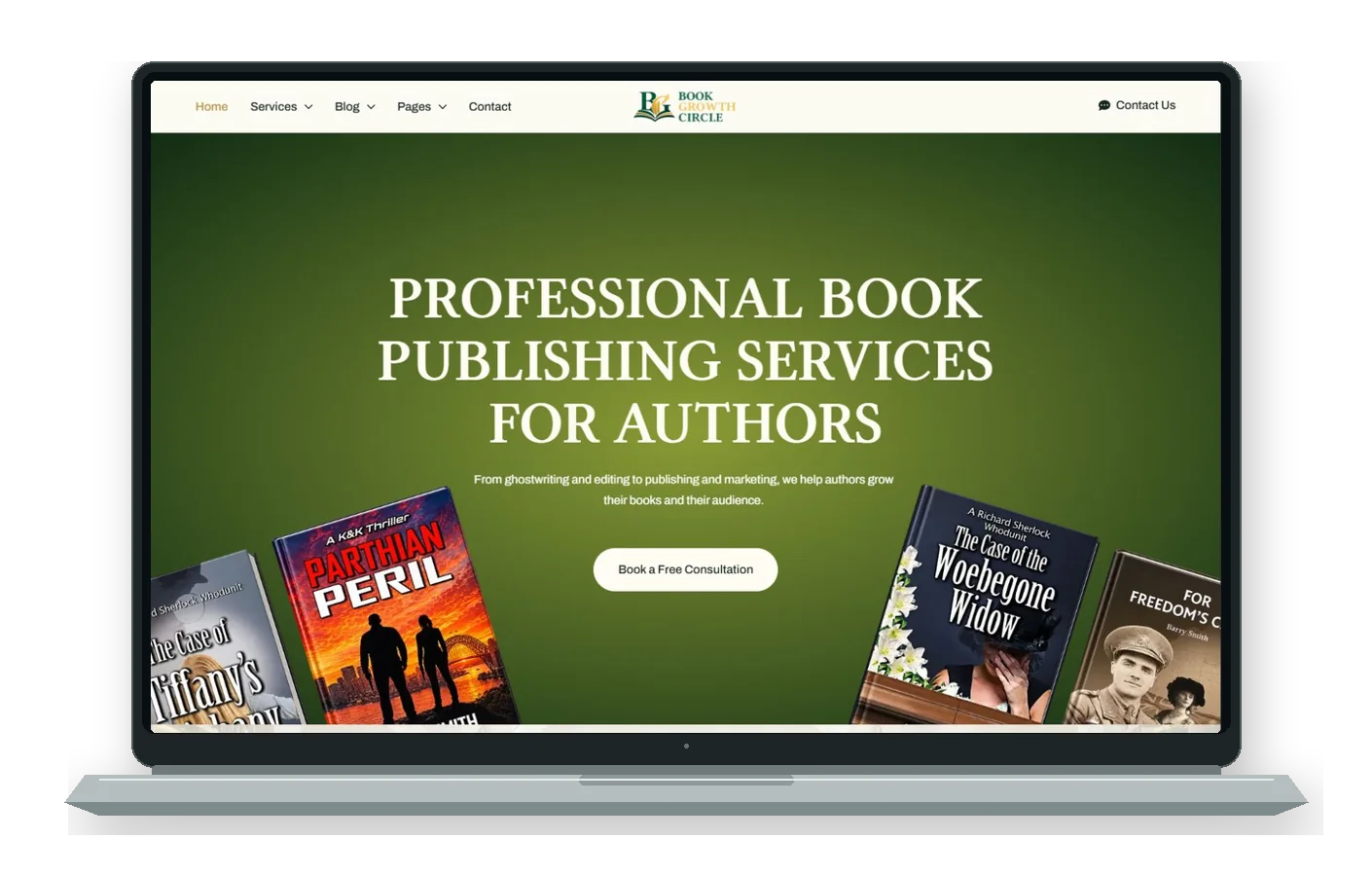 Book Growth Circle homepage shown on a laptop.