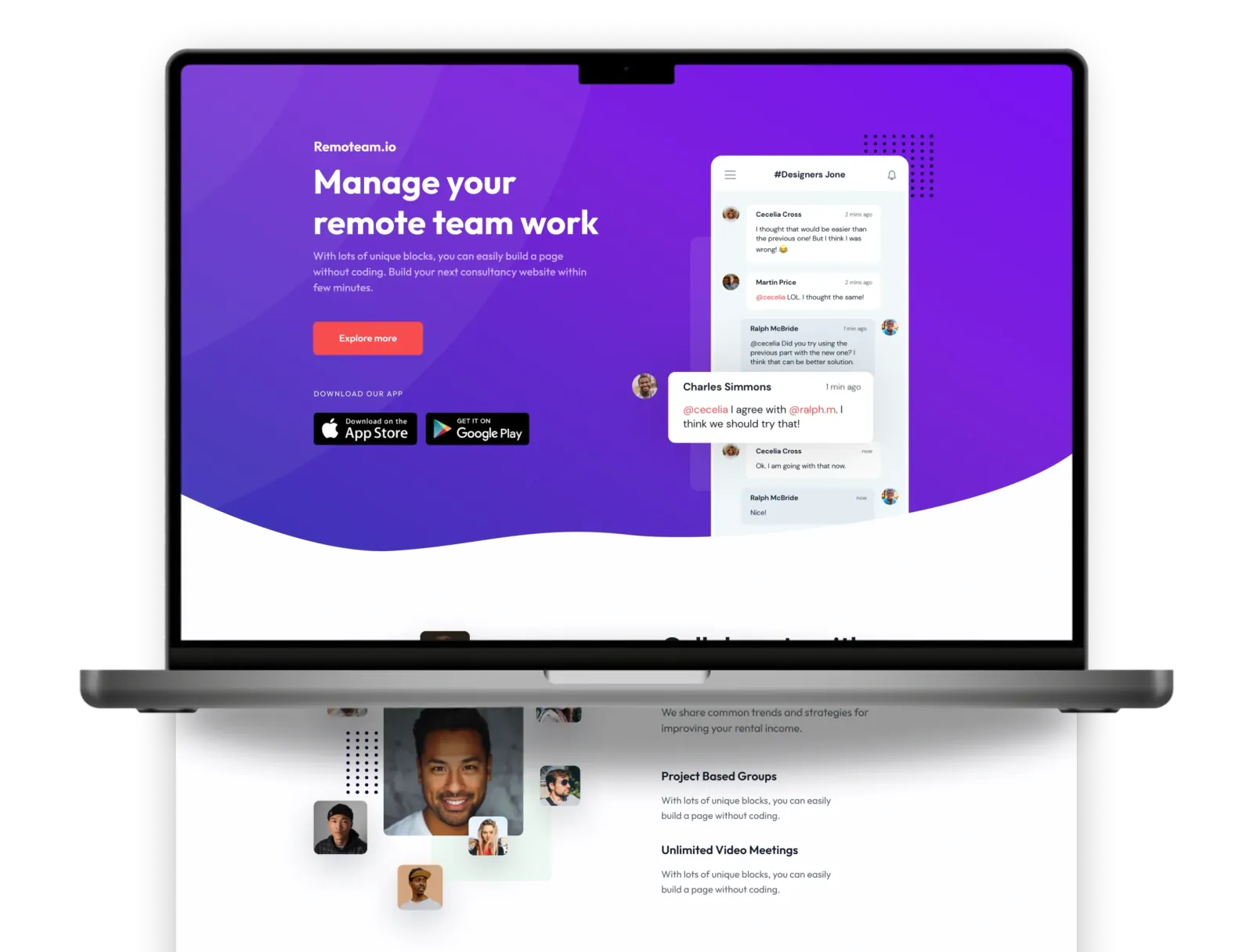 Remoteam – Landing Page for Team Collaboration App 1