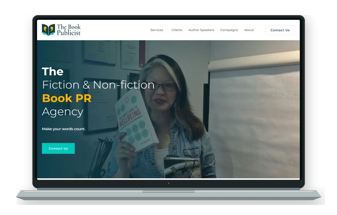 The Book Publicist homepage shown on a laptop.